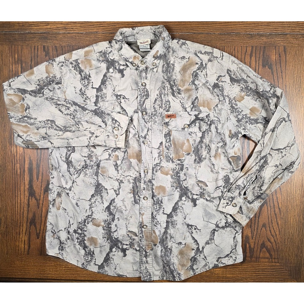 Vintage Woolrich Natural Gear Camo Vented Hunting Shirt Mens L Cotton